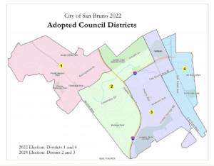 Colored map of San bruno's 2022 City Council election district boundaries